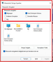windows 11 masaustu simgeleri getirme ekrani